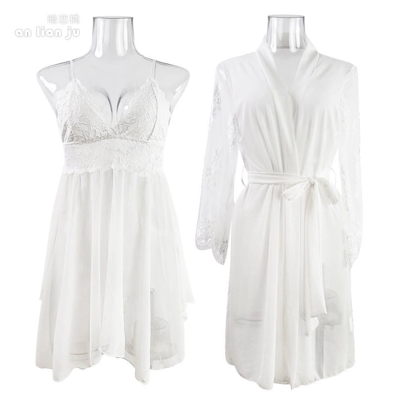 Kimono Sheer Floral - Weißes Nachtwäsche-Set für Damen, Blumenmuster, Spitze,