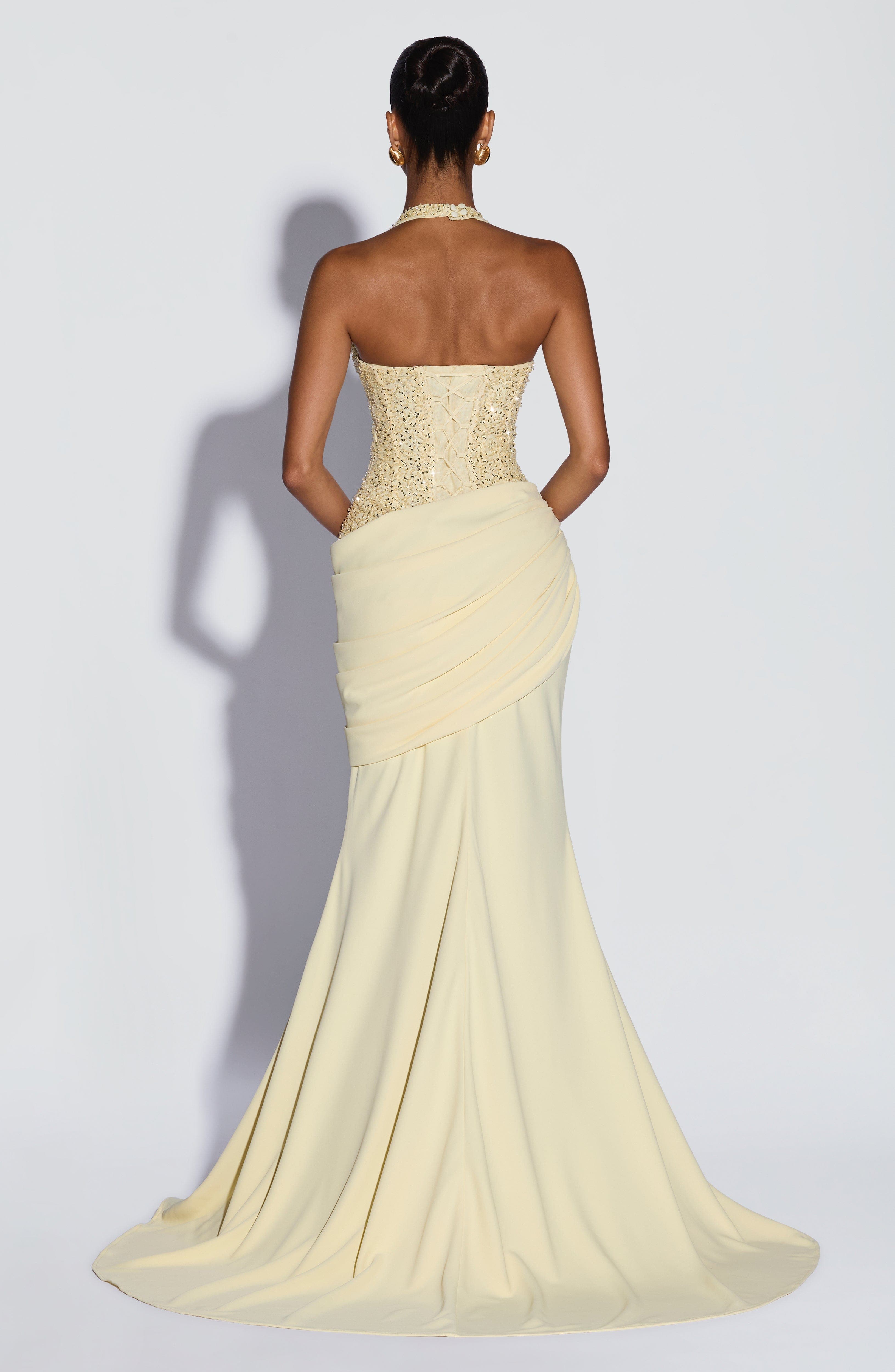 Maxi Dress Halter - Luxuriöses Neckholder-V-Ausschnitt Pailletten-Maxikleid mit Drapierung Meerjungfrauenkleid