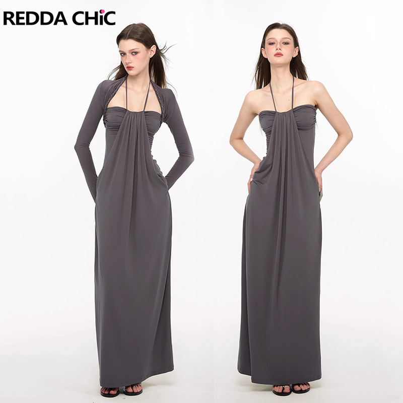 Maxi Dress Halter - REDDACHiC Elegantes geflochtenes Achselzucken-Kleid-Set, lässig, Modal,